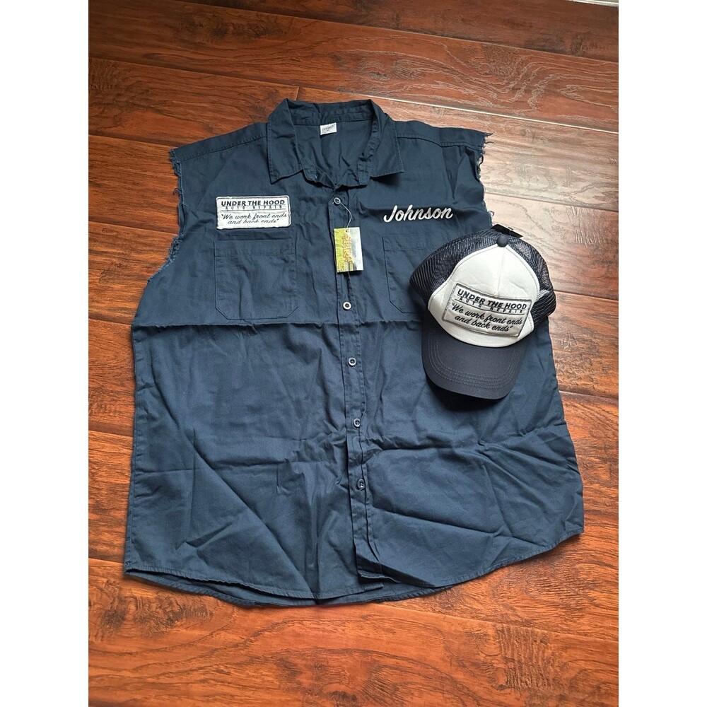 Men’s XL Mechanic Work Shirt Auto Repair Costume Under The Hood Johnson Navy